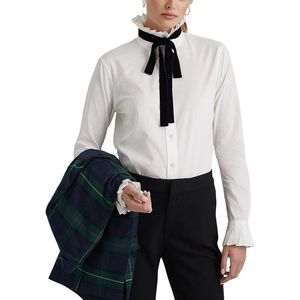 Ralph Lauren ruffle velvet tie, neck shirt white cotton size Large